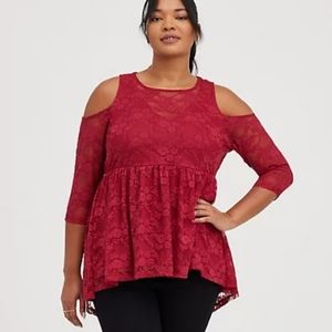 Nwt torrid stretch red lace off shoulder babydoll top. Size 0